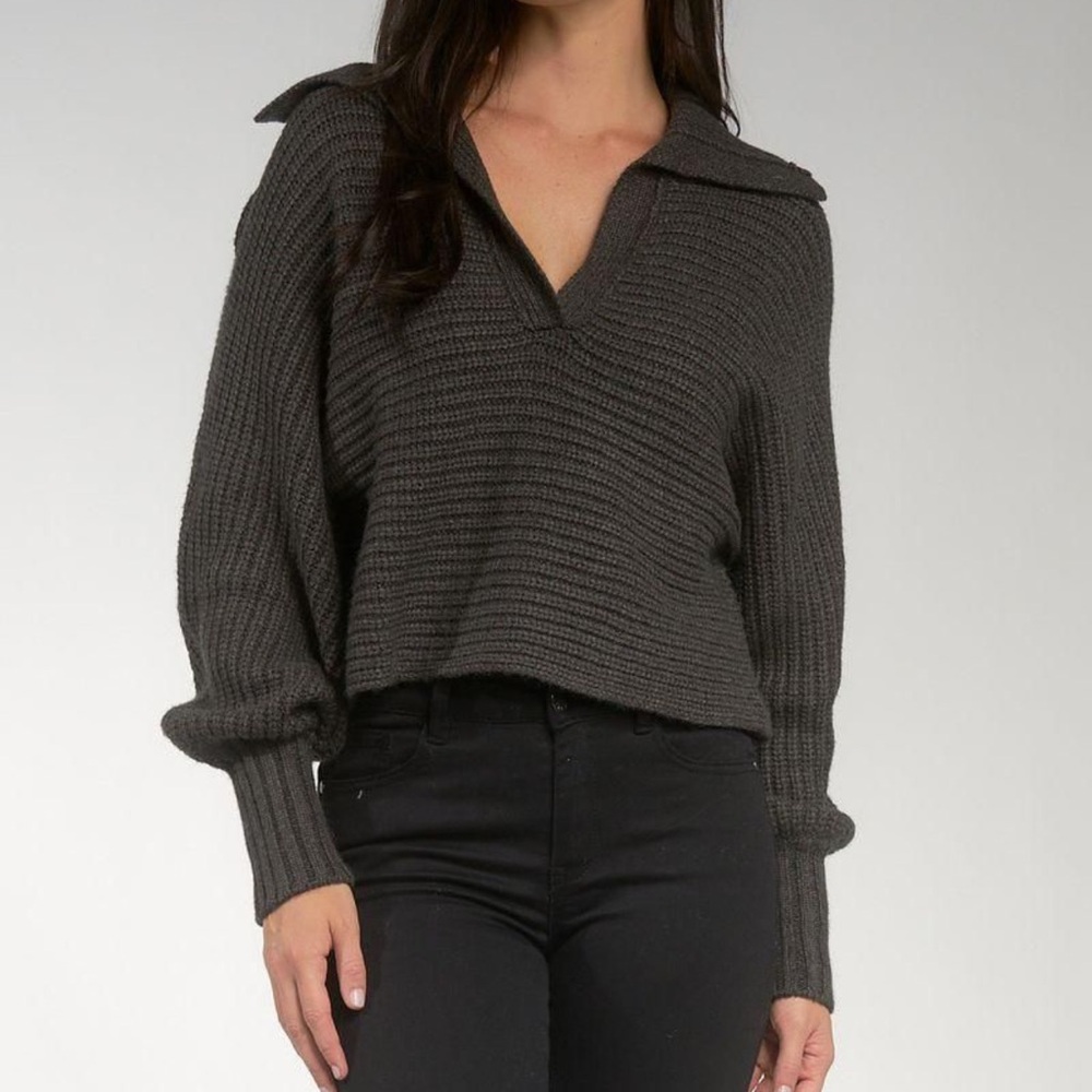 Elan Collared Gray Knit V-Neck Sweater